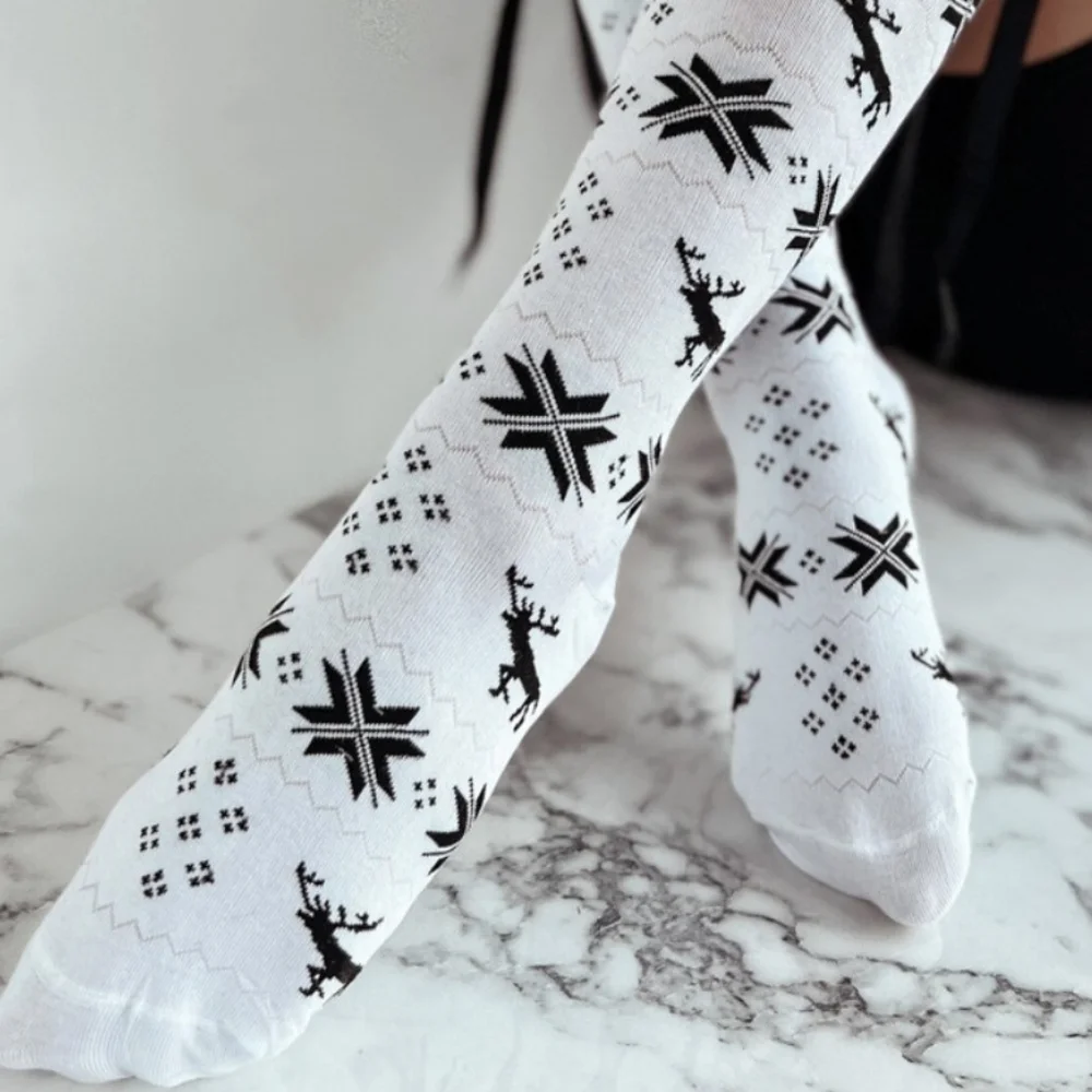 Tall Reindeer Fair Isle Over-the-knee Socks Long Ribbon Bow Stocking Holiday